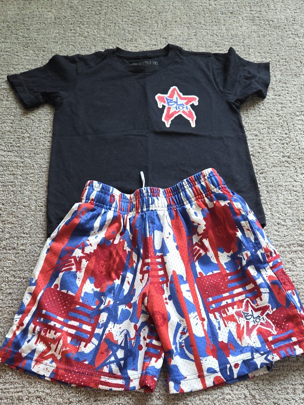 Kids Black Tee and Red/Blue Star Print Shorts Set